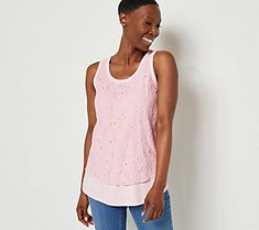 Upgrade the stylishness in your closet with this slub knit tank. It features a gorgeous lace overlay that gives it that extra oomph. Pair it with denims (long or short!) and your cutest flats for a pretty summertime 'fit. From Belle by Kim Gravel. Lace Top For Layering, Summer Stretch Lace Top, Summer Stretch Lace Top For Layering, Casual Pointelle Knit Top With Scoop Neck, Stretch Pointelle Knit Top With Scoop Neck, Casual Spring Lace Top With Pointelle Knit, Casual Crew Neck Crochet Top For Layering, Casual Pointelle Knit Lace Top For Spring, Fitted Crochet Top For Layering