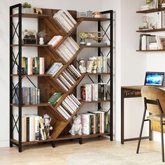 a room with a desk, chair and bookshelf