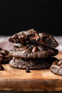 three chocolate cookies stacked on top of each other