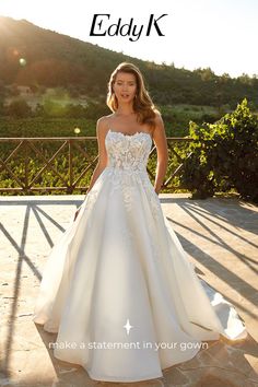 ERIN is an Ivory lace with sequins over ivory-skin-champagne bodice over organza skirt, buttons to end of train. Blonde bride in garden. Strapless Ballgown Wedding Dress, Strapless Wedding Dress Ballgown, Organza Skirt, Skirt With Buttons