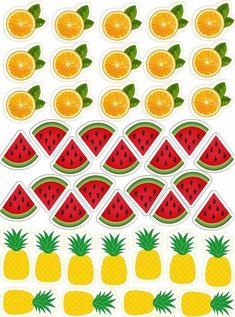 an assortment of fruit stickers with pineapples, oranges and watermelon