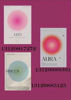 three different types of posters on a pink background with the names and numbers below them