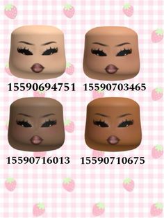 four different types of dolls with their eyes closed and noses wide open, on a pink checkered background