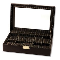 A handsome gift, this brown leather watch case holds up to 10 watches. A glass top completes the look. Rectangular Brown Watch Accessories With Case, Brown Business Watch Accessories With Case Included, Brown Rectangular Watch Case For Formal Occasions, Brown Rectangular Case Watch Accessories For Formal Occasions, Rectangular Brown Watch Case For Business, Brown Rectangular Watch Accessories For Formal Occasions, Formal Brown Watch Accessories With Rectangular Case, Business Brown Rectangular Watch Case, Modern Brown Rectangular Watch Accessories