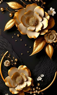 a black background with gold flowers and leaves