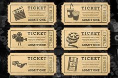 four tickets are shown with the words ticket admit and movie awards on them, in front of