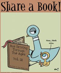 a blue bird sitting on top of a book with the title, share a book