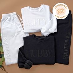 three children's clothing items including sweatshirts, pants and t - shirts with the name hubby printed on them