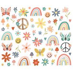 an assortment of flowers, butterflies and rainbows on a white background with the word peace