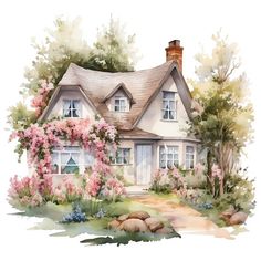 a watercolor painting of a house with pink flowers and trees in the front yard