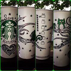 four starbucks cups with different designs on them