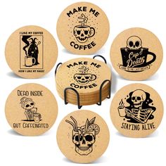 six coasters with different designs on them, including one for coffee and the other for donuts