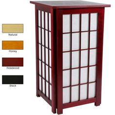 a tall wooden display case with many different colored glass panels on the front and sides