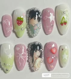 Pink Anime Nails, Kimi Ni Todoke Nails, Shojo Nails, Nails Japanese Design, Shoujo Nails, Anime Nails Aesthetic, Cute Anime Nails, Japanese Nail Art Kawaii, Pink And Green Nail Art