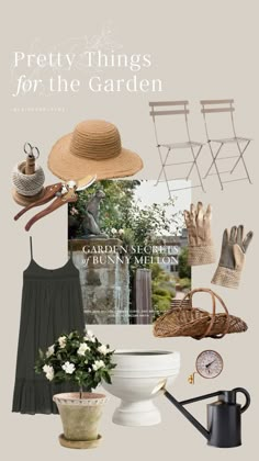 the cover of pretty things for the garden is shown with gardening tools, hats and gloves