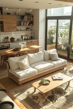 a living room filled with furniture next to a window covered in lots of light and plants