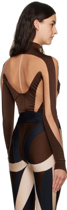 Semi-sheer stretch nylon jersey and tulle bodysuit. · Mock neck · Logo bonded at chest · Press-stud closure at bottom · Thumbhole at cuffs · Zip closure at back · Partial cotton jersey lining Supplier color: Choco Fitted Party Bodysuit With Mesh Back, Fitted Bodysuit With Mesh Back For Party, High Stretch Nylon Bodysuit For Party, Party Nylon Bodysuit With Mesh Sleeves, Fitted Evening Bodysuit With Sheer Bodice, Sheer Sleeve Nylon Bodysuit For Night Out, Party Bodysuit With Mesh Sleeves And Nylon Material, Fitted Bodysuit With Sheer Bodice For Evening, Party Bodysuit With Mesh Sleeves In Nylon