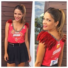 a woman in a red shirt and black skirt posing for the camera with her hair pulled back