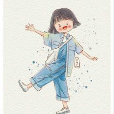 a drawing of a girl in blue jumpsuits with her arms out and hands outstretched