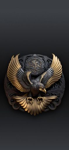 an eagle belt buckle with gold and black metal accents on a dark background, 3d rendering