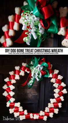 two pictures showing how to make a dog bone christmas wreath