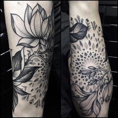 two pictures of the same tattoo on both legs, one with flowers and leaves in it