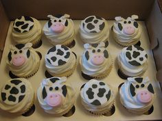 cupcakes with frosting in the shape of cows and cow's faces