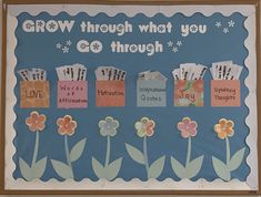 a bulletin board with flowers and words written on the boards that say grow through what you go through