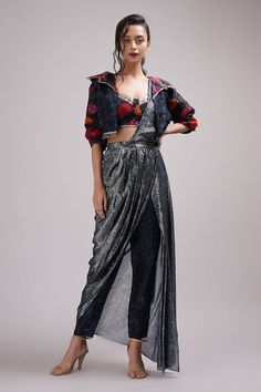 Navy blue draped saree with cutdana embroidery with rose print pant. Paired with printed padded blouse and printed bomber jacket. - Aza Fashions Aakanksha Singh, Pant Saree, Cutdana Embroidery, Saree Gowns, Dhoti Saree, Cotton Sarees Handloom, Draped Saree, Drape Pants, Print Pant