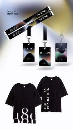 three t - shirts with tags attached to them, one is black and the other is white