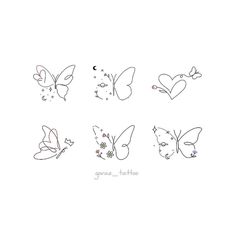 six different butterflies with hearts and stars on their wings, all drawn in one line