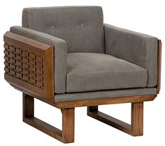 a chair with a wooden frame and grey upholstered fabric