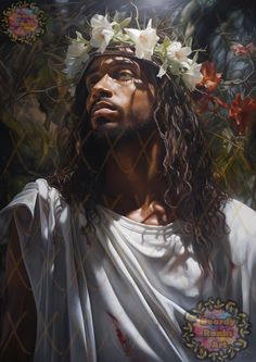 a painting of jesus with flowers in his hair