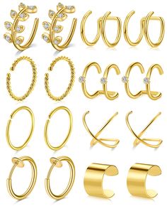 PRICES MAY VARY. Order include- 8pairs gold fake earrings hoop clip on ear cuff earring for non pierced ear fake cartilage piercing fake hoop earrings with a velvet pouch; Size- fake earrings cuffs inner diameter: 5/16"(8mm)-3/8"(10mm); Adjustable clip on ear cuff earrings and fake cartilage piercing; Non piercing ear cuffs clip on helix earrings hoop conch hoop earrings fit for most men and women; Material- Fake earrings cartilage piercing earrings cuffs are made of high quality 316L stainless Fake Cartilage Piercing, Earrings Cuffs, Helix Earrings Hoop, Ear Cuff Women, Piercing Fake, Fake Earrings, Ear Cuff Earrings, Sparkling Jewelry, Designers Jewelry Collection