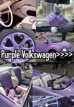 purple volkswagen car with matching interior and steering wheel rims is featured in this collage