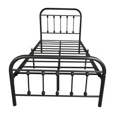 a metal bed frame is shown with no headboard or foot board, and has black rails