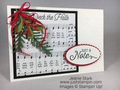 a christmas card with music notes and a red ribbon on it that says deck the bells just a note