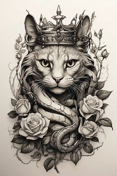 a drawing of a cat wearing a crown with roses on it's chest and the snake wrapped around its neck