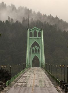 a green bridge that is surrounded by fog