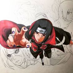 a drawing of naruto from the anime, with other characters in the background