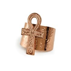 "Take your fashion accessories to the next level with this Ankh Cuff: Gold. With a giant and impressive 3\" Ankh pendant on a wide gold cuff, this piece will dazzle and shine on your wrist. This popular symbol of life dates all the way back to ancient Egypt and gives you the style that sets you apart. Adjusts to fit any size wrist." Starověký Egypt, Ankh Symbol, Ankh Pendant, Symbol Of Life, Ankh Necklace, Brass Cuff, Hand Wrist, Life Symbol, Copper Cuff