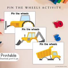 three pictures of construction vehicles and numbers on a table with crayon pencils