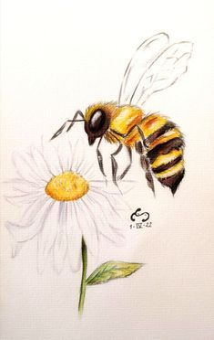 a drawing of a bee flying over a flower