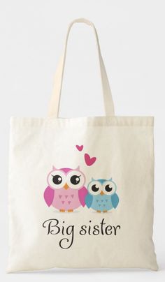 Cute owls big sister little brother cartoon tote bag Super cute big sister tote bag featuring two cartoon owls, one big pink as the big sister and one smaller blue owl as the little brother. Between them are hearts as a symbol of love. Cute and fun design, makes a great gift for big sisters and big sisters to be. Cute Tote Diaper Bag, Fun Personalized Everyday Bags, Playful Personalized Bags For Daily Use, Fun Personalized Bags, Fun Everyday Personalized Bags, Playful Personalized Everyday Bags, Personalized Playful Bags, Playful Personalized Bags For Gifts, Personalized Playful Bags For Gifts