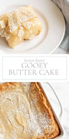 two pieces of gooey butter cake sitting on top of a white plate with powdered sugar