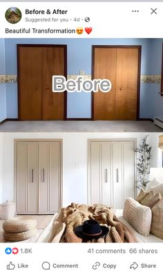 the before and after pictures of a bedroom makeover on instagram, including closets