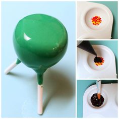 there is a green cake popper with sprinkles on it and four different pictures