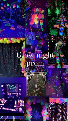 the glow night prom is on display in this collage with neon lights and balloons