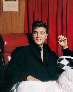 a man sitting in a chair with a stuffed animal on his lap and red curtains behind him