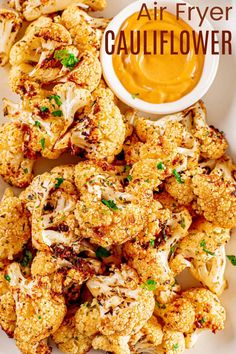 air fryer cauliflower on a plate with dipping sauce